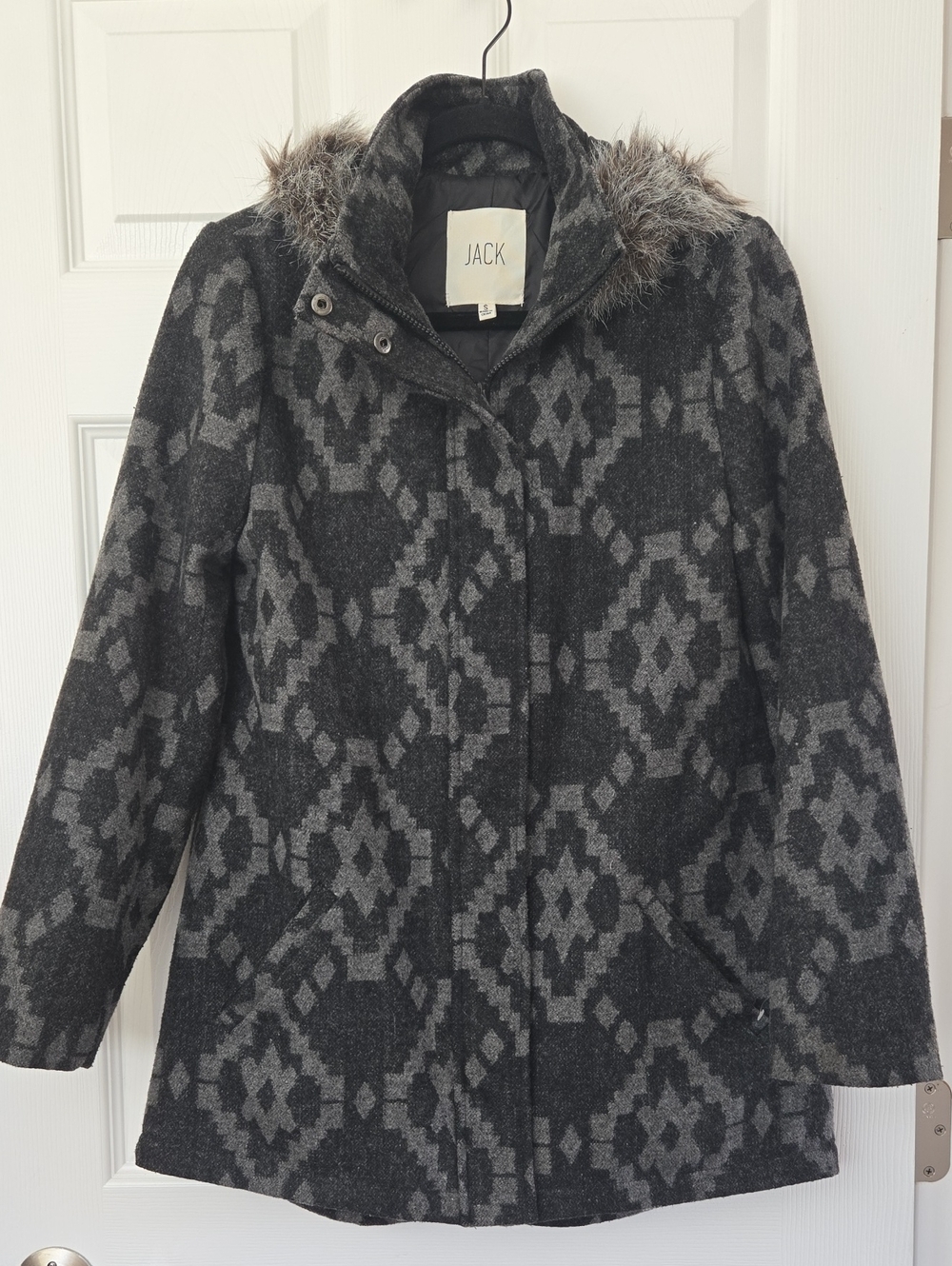 Jack Women's Charcoal Gray Patterned Wool-Blend Coat with Faux Fur Trim Size S